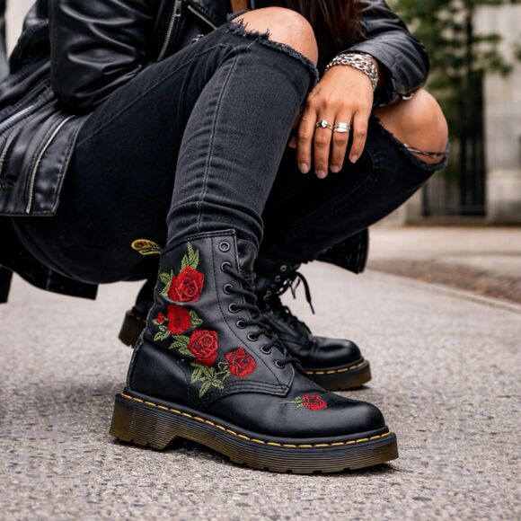 Dr. Martens Shoes - Dr Martens Black Leather 1460 Vonda Roses Floral Combat Embroidered Boots
